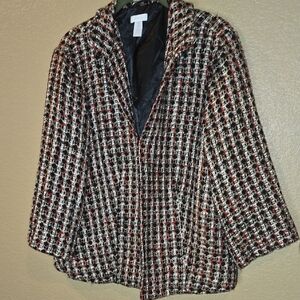 CHICOS EUC Black and White/Red Lined Tweed Jacket With Gold Threading.
